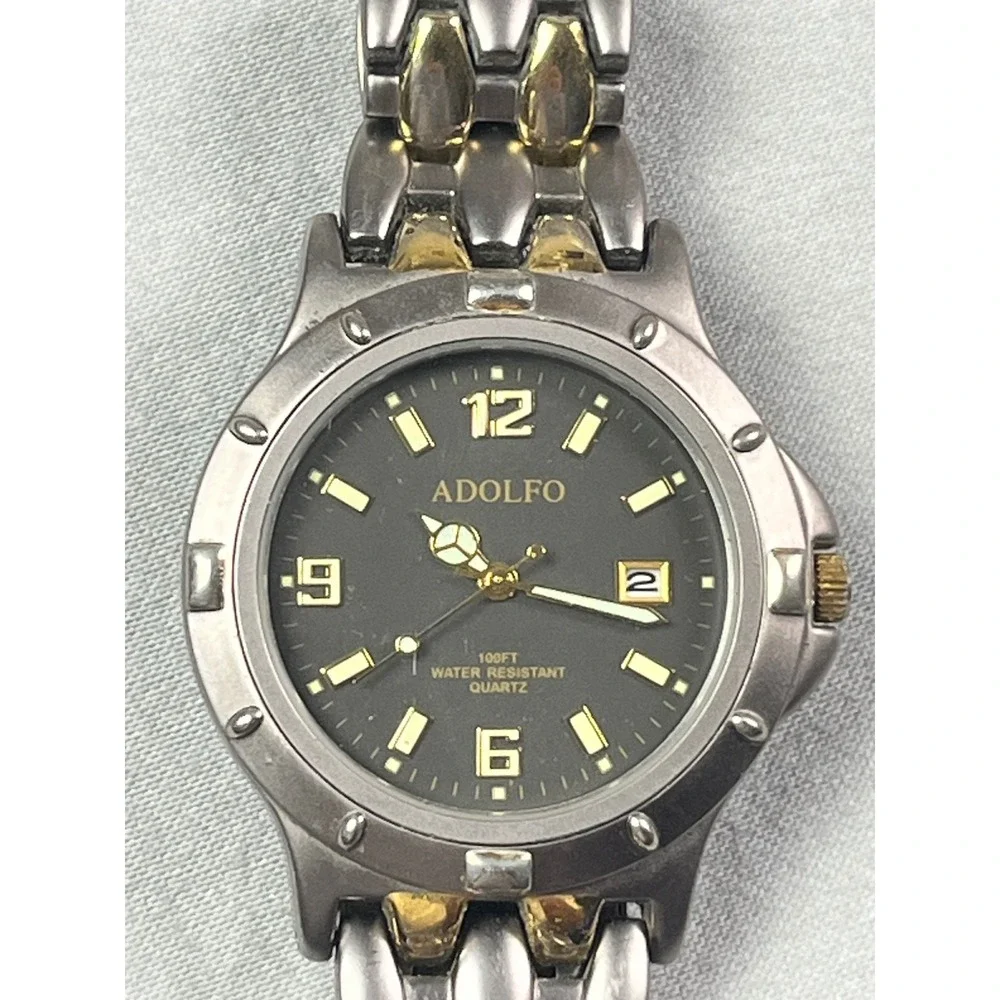 Adolfo Two Tone Quartz Watch‎ Grey Dial Date Japan Movt 100FT Water Resist